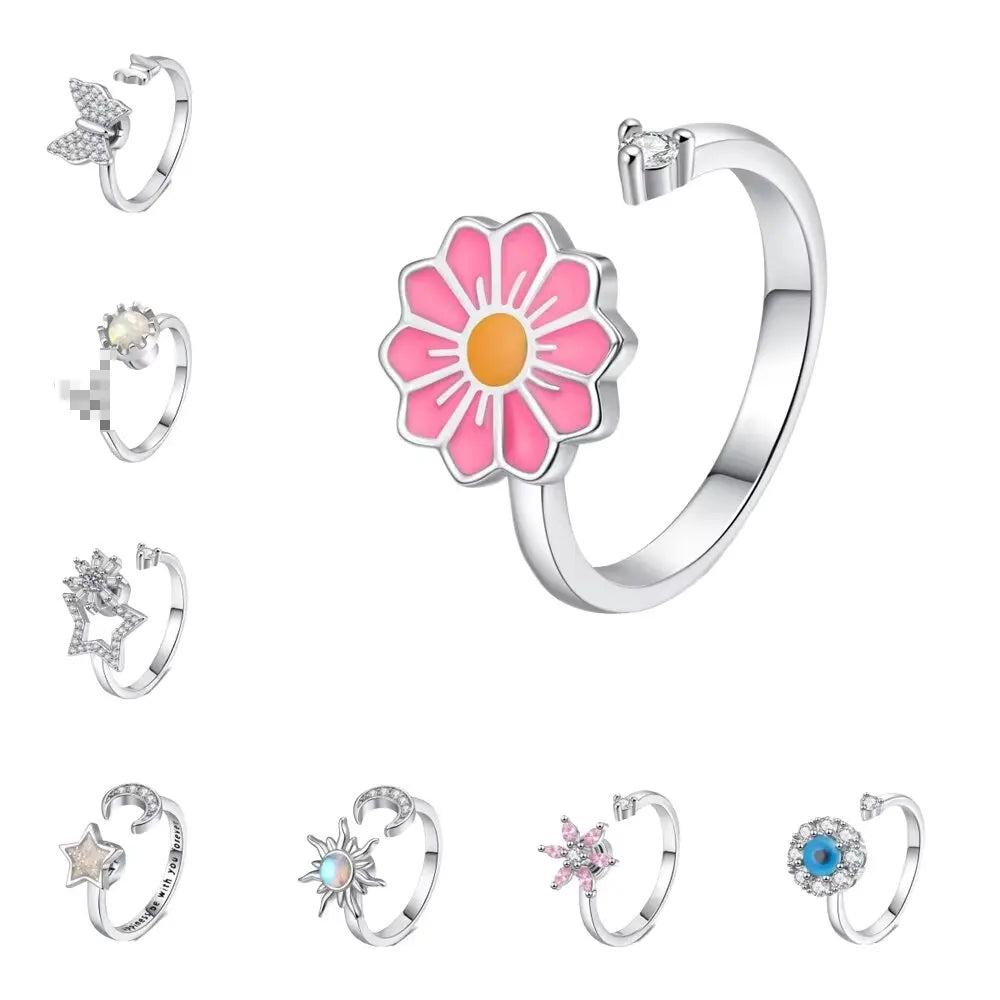 时尚锆石可旋转花朵形状指尖环女式抗焦虑戒指可调节旋转开口戒指