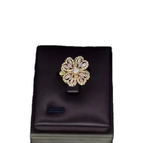 女式18k热卖开口旋转环可调宝石缓解焦虑减压四叶三叶草锆石