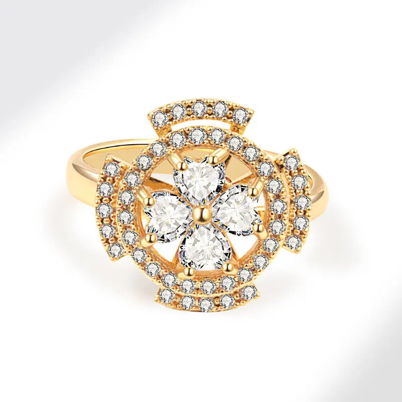 时尚女式铜质旋转戒指，旋转减压开口锆石花朵焦虑金属焦虑戒指2025年流行趋势