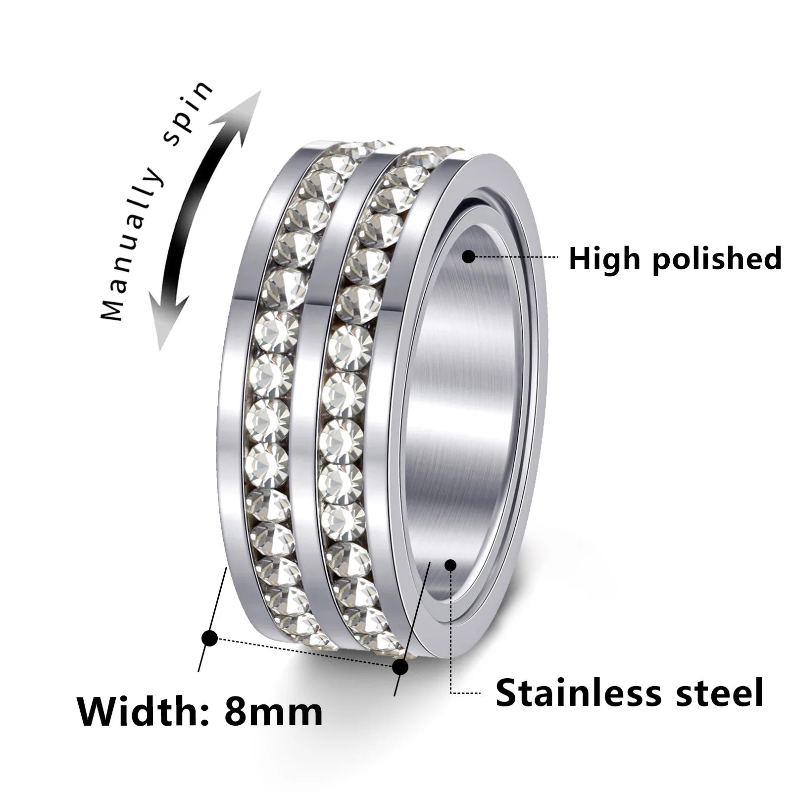 时尚双排氧化锆钻可旋转环男女不锈钢镀金拉链8毫米全星饰品