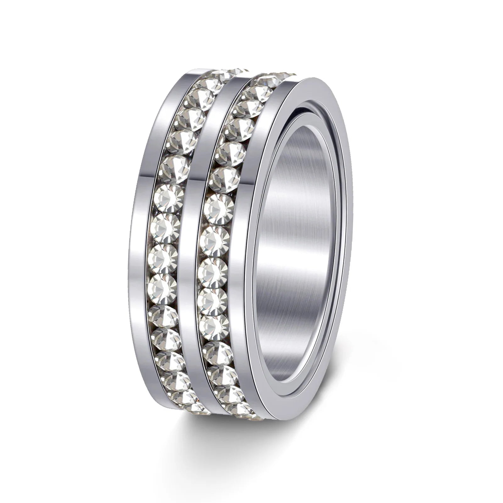 时尚双排氧化锆钻可旋转环男女不锈钢镀金拉链8毫米全星饰品