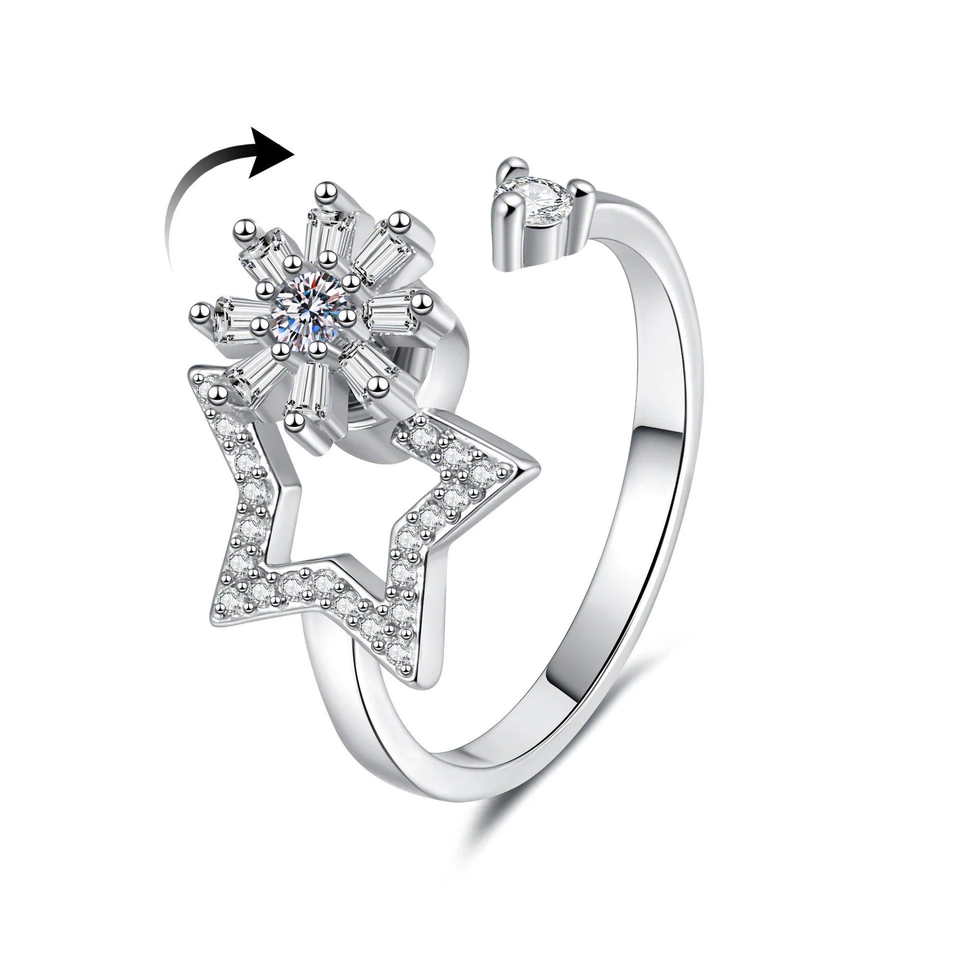 时尚锆石可旋转花朵形状指尖环女式抗焦虑戒指可调节旋转开口戒指