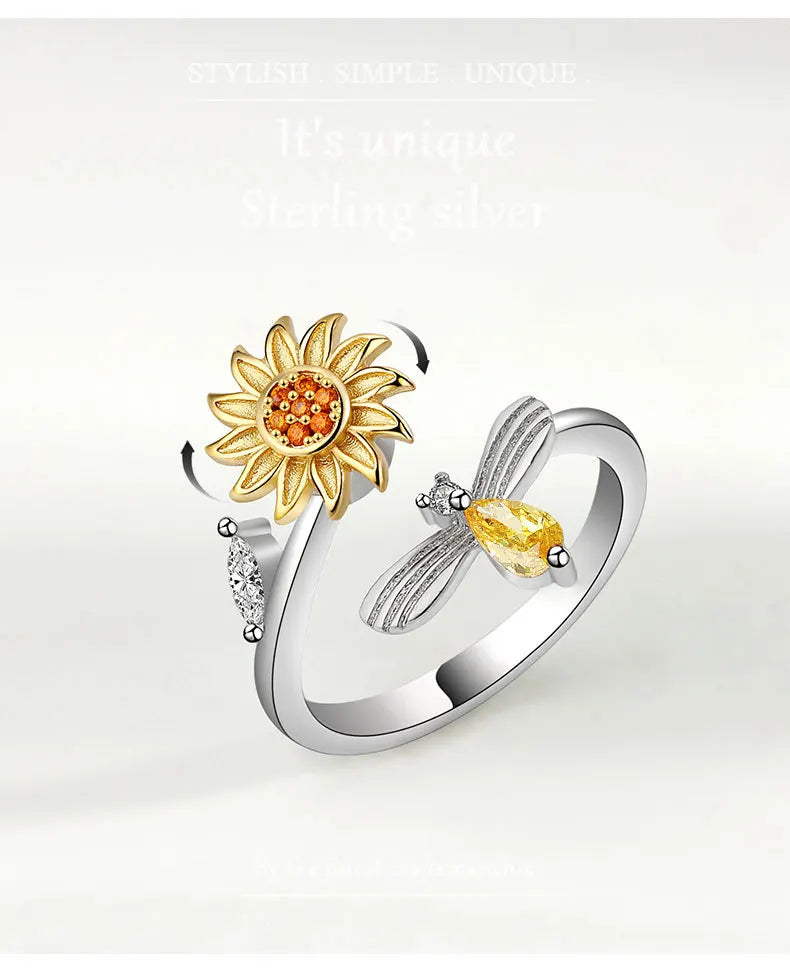 热卖S925纯正向日葵钻石减压戒指女性抗焦虑烦躁旋转蜜蜂向日葵旋转环