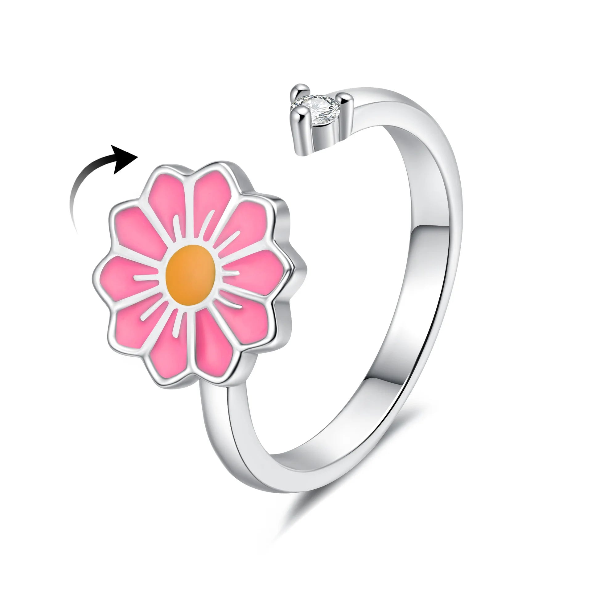 时尚锆石可旋转花朵形状指尖环女式抗焦虑戒指可调节旋转开口戒指