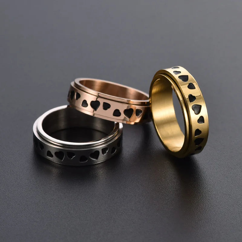 Anillos De Hombre Acero不可氧化不锈钢抗应力环爱心可旋转旋转坐立不安释放压环
