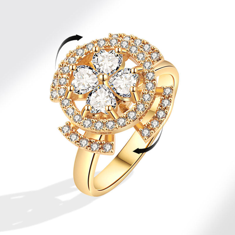 时尚女式铜质旋转戒指，旋转减压开口锆石花朵焦虑金属焦虑戒指2025年流行趋势