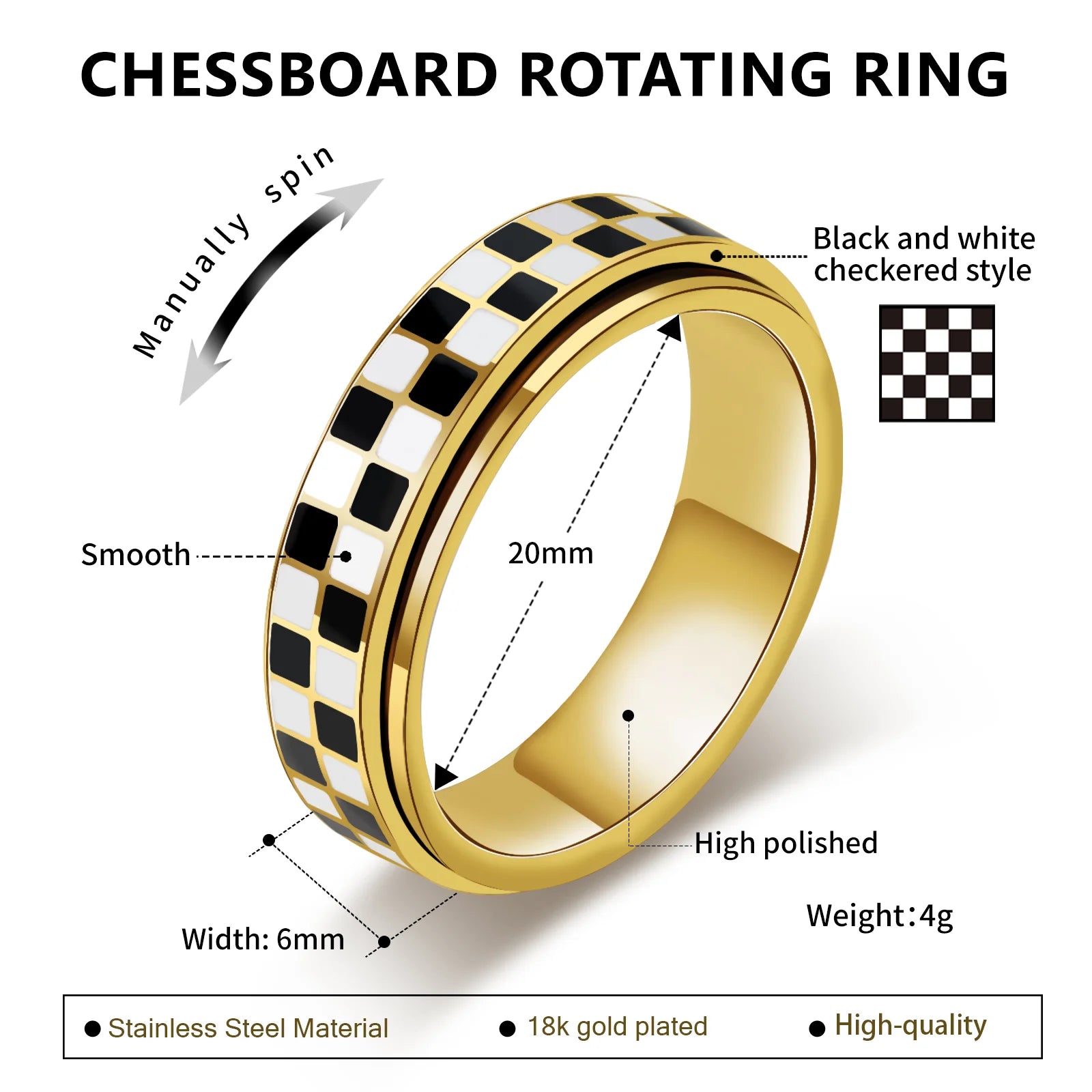 18k镀金不锈钢旋转轮珠宝戒指解压戒指-缓解压力和焦虑的礼物