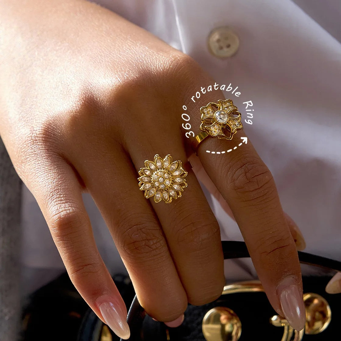 新款时尚旋转花形时尚首饰不锈钢戒指女式抗焦虑指尖陀螺戒指