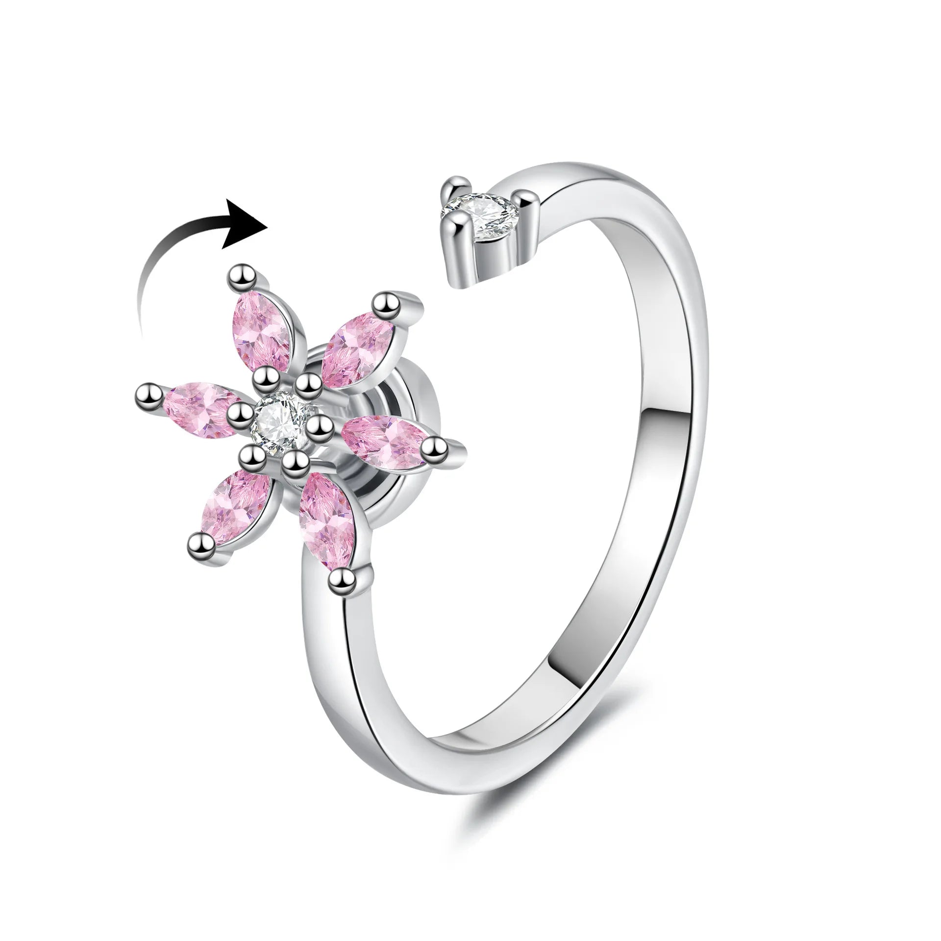 时尚锆石可旋转花朵形状指尖环女式抗焦虑戒指可调节旋转开口戒指